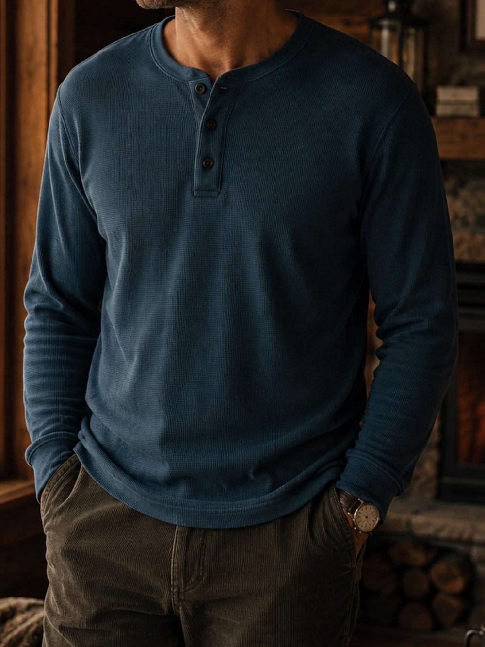 The North Face Men's Long-Sleeve Waffle Knit Henley Teal Gorpcore Cabincore